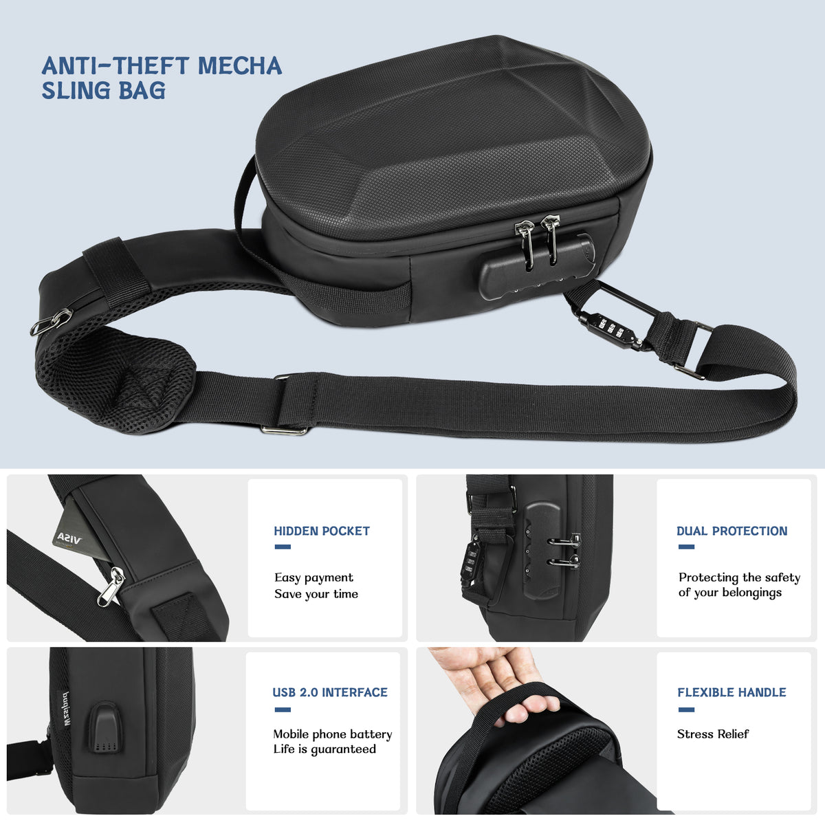 Herren Leder Umhängetasche Mehrzweck Rucksack Schulter Brust Umhängetasche Schwarz Mecha Style