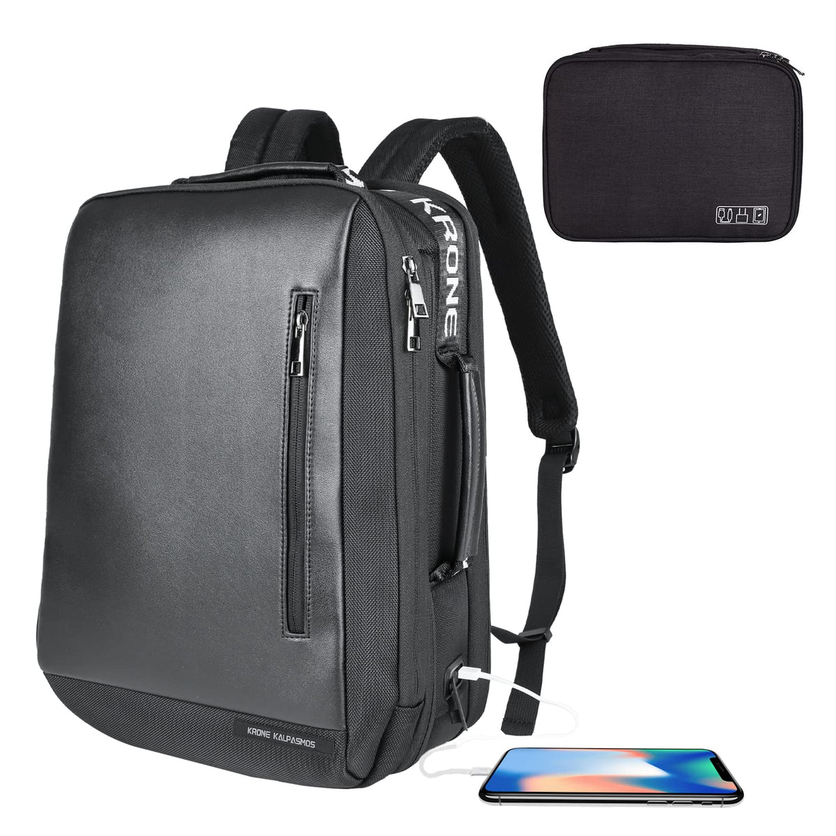 Krone Kalpasmos Rucksack, wasserdichter Lederrucksack mit großem Fassungsvermögen und schwarzem Organizer, Schwarz