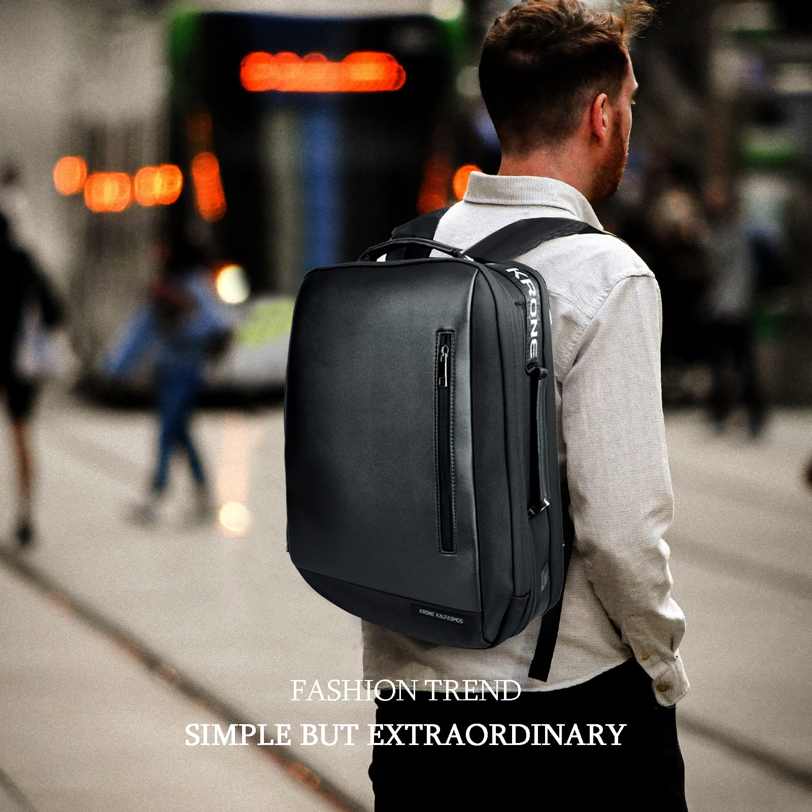Krone Kalpasmos Backpack, Large Capacity Leather Waterproof Backpack with Black Organizer, Black