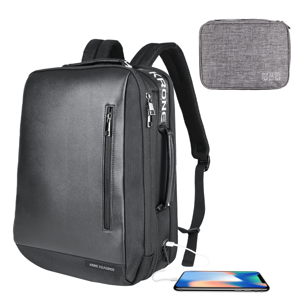 Krone Kalpasmos Anti-Diebstahl-Business-Rucksack für Damen und Herren, wasserdichter Lederrucksack mit großem Fassungsvermögen und grauem Organizer, Schwarz