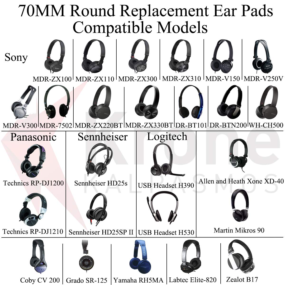 Universal Replacement Ear Pads for Sony MDR-ZX110/MDR-ZX330BT/V150/WH-CH500; JBL T500BT/T450BT &Many Other 70MM Round On-Ear Headphones(List Inside), by Krone Kalpasmos-Classic White