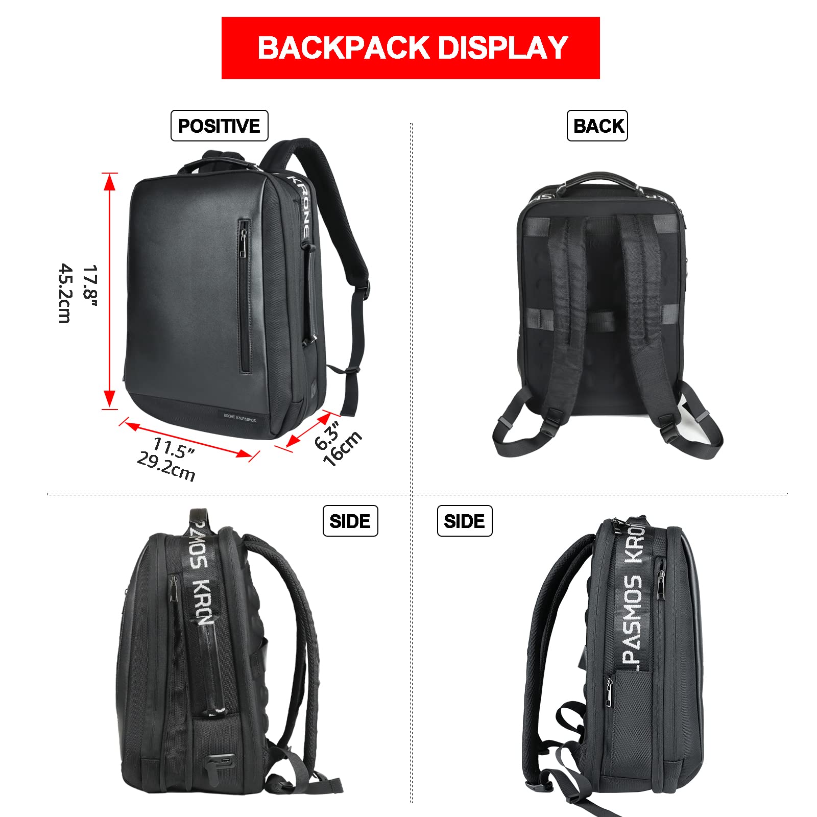 Krone Kalpasmos Backpack, Large Capacity Leather Waterproof Backpack with Black Organizer, Black